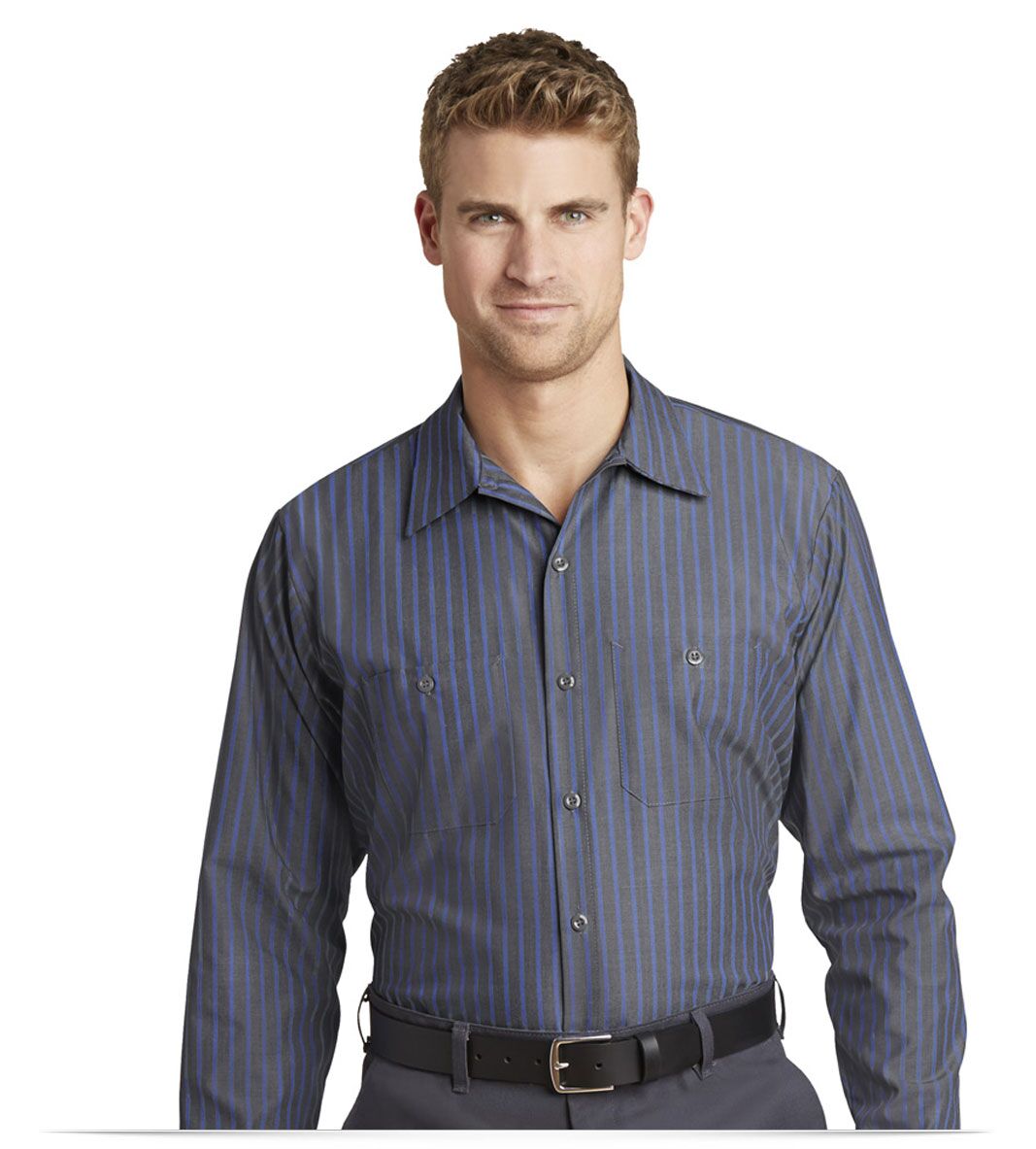 Embroidered Red Kap Long Sleeve Striped Industrial Work Shirt Embroidered Red Kap Long Sleeve Striped Industrial Work Shirt