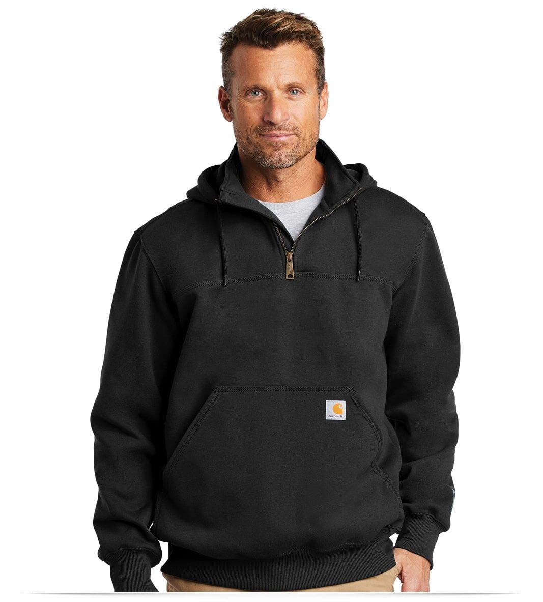BCT100617-Black-Front Carhartt Rain Defender Paxton Heavyweight Hooded Zip Mock Sweatshirt