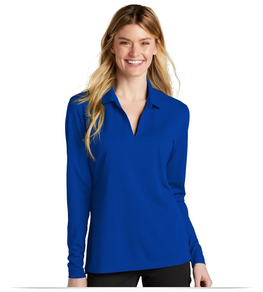 NKDC2105_gameroyal_front Nike Ladies Dri-FIT Micro Pique 2.0 Long Sleeve Polo